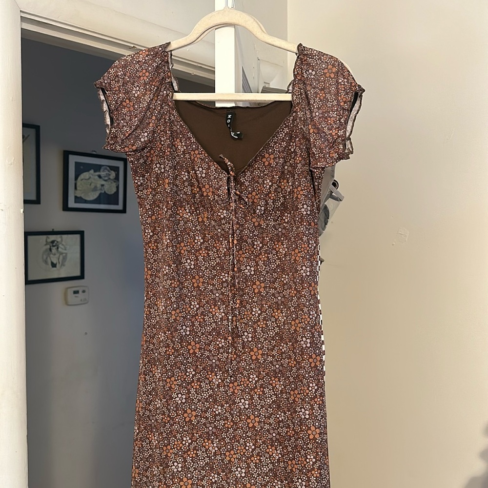 Motel Rocks Brown Floral Milkmaid Style Midi Dress